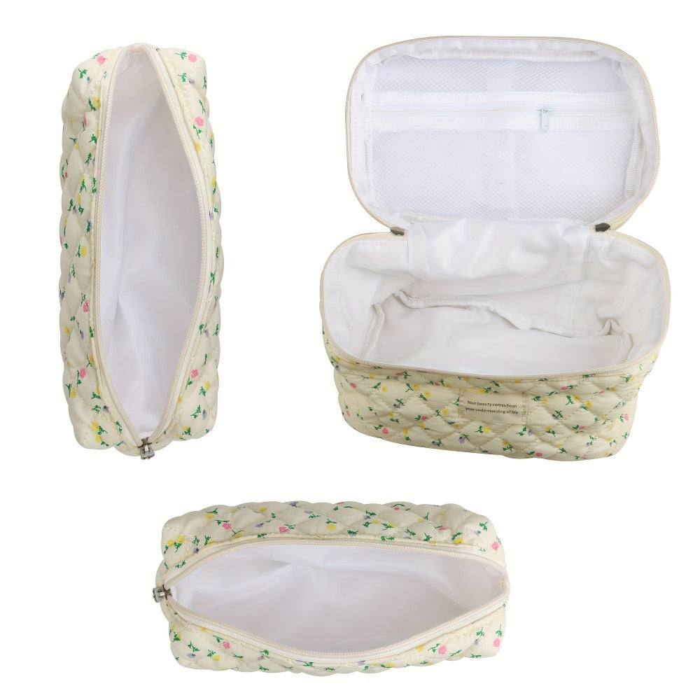 Makeup Bag Set 3 PCS Quilted Cotton Dual Layer Large Capacity Floral Coquette Aesthetic Travel Cosmetic Bag Women Toiletry Organizer Cute Soft Fabric Pouch Blue Pink Purple 6 Styles