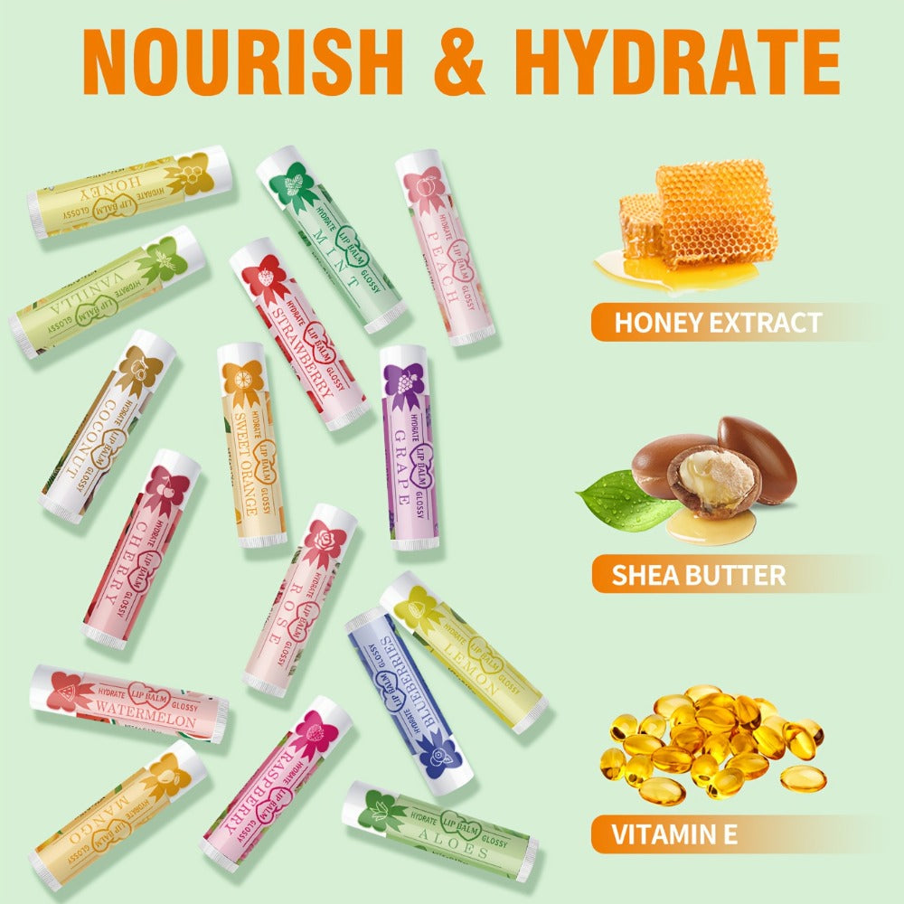 Flavored Lip Balm Set 16 Pack – Assorted Scented Moisturizing Lip Balms for Long-Lasting Hydration & Natural Shine | Bulk Lip Care Kit for Dry Lips | Gift Set for Women, Girls & Teens, All Skin Types