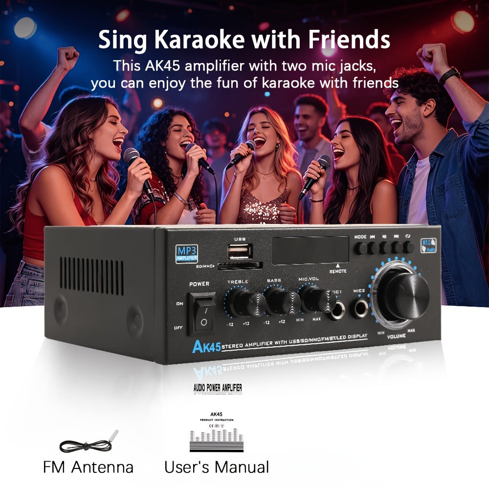 400W Bluetooth 5.0 Stereo Amplifier Receiver AK45, 2-Channel Home Audio Power Amp with Karaoke, FM Radio, USB MMC SD Card, Supports Passive Ceiling Speakers Garage Home Theater Speaker System