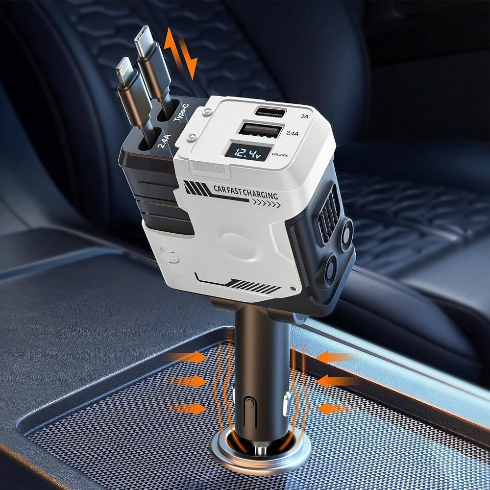 120W Fast Car Charger 4-in-1 with Retractable PD 3.0 Type-C Cable & Multi-Port USB Adapter – Short Circuit & Overheat Protection for iPhone Samsung Galaxy S25 Ultra Huawei Android, 4 Colors Available