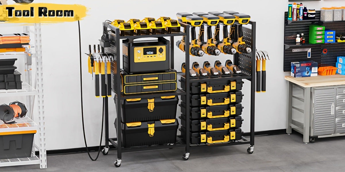 Mobile Tool Cart with Charging Station – 12 Drill Holders & 5 Storage Shelves Power Tool Organizer | Rolling Utility Rack Toolbox with Battery Charging Power Strip for Garage & Workshop | 4 Colors