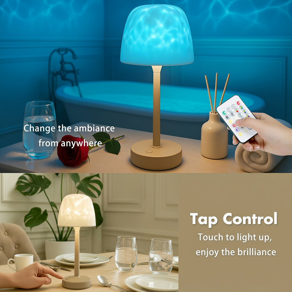 Ocean Wave LED Projector Lamp – 16 Color Rechargeable Cordless Night Light with Remote, Water Ripple Atmosphere Lamp for Bathroom Bedroom, Portable Table Lamp, RGB & Wood Base Options