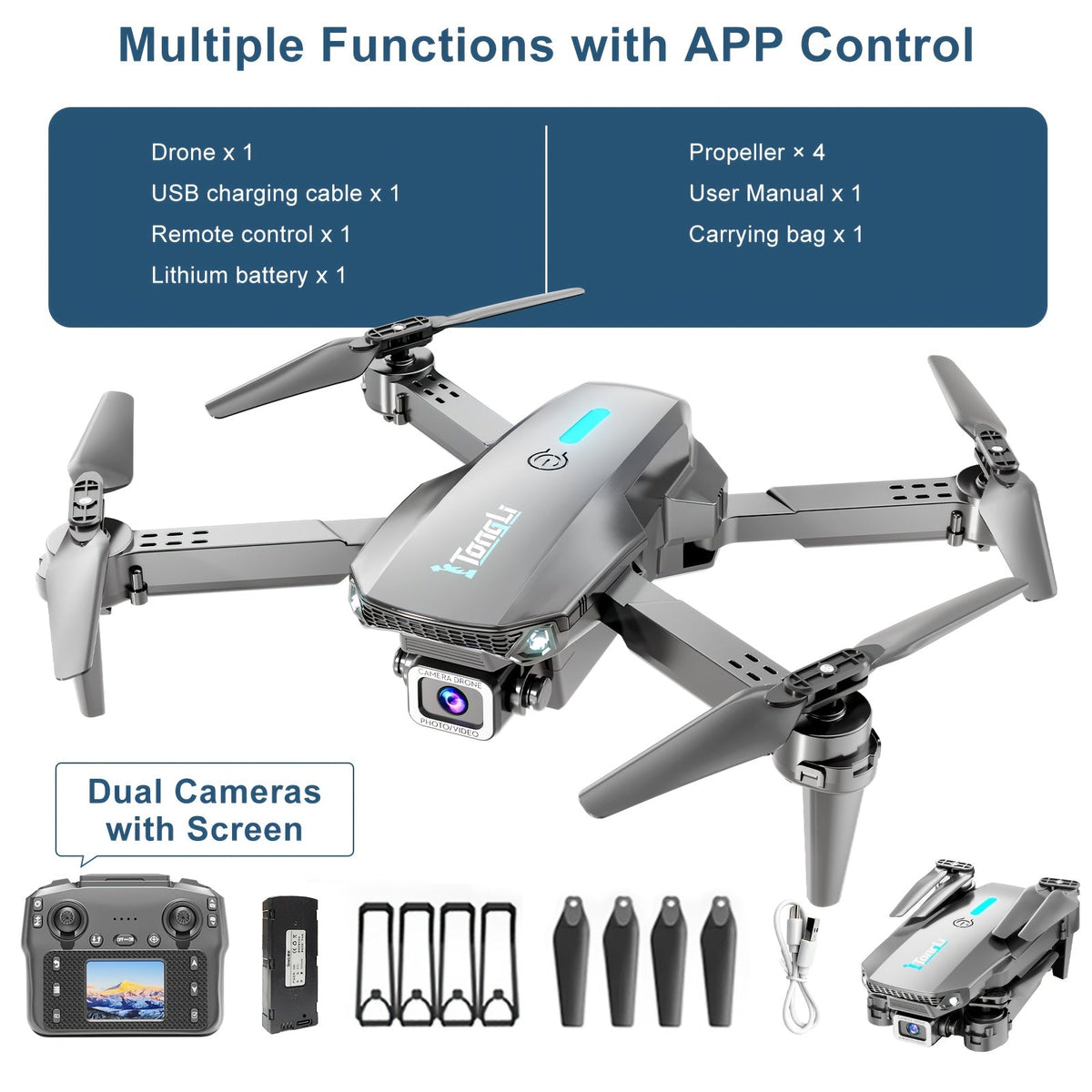 Foldable HD Camera Drone Free Storage Bag USB-C Charging 3D Flips Single or Dual Camera Built-in Screen Remote | Beginner Vlogging Aerial Photography Quadcopter Gift for Kids Teens Adults