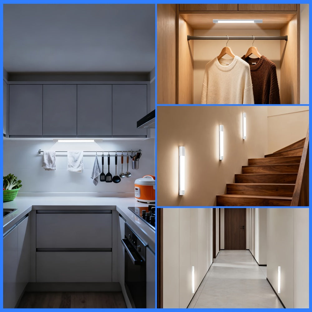 Motion Sensor LED Cabinet Light 4 Pack USB Powered - 3 Color Modes, Wireless Under Cabinet Lighting Bar, Adhesive Mount for Kitchen, Closet, Wardrobe, Hallway & Bedroom (7.87" / 11.81")