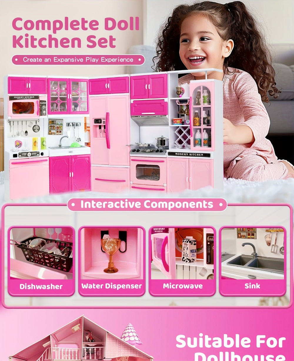 Pink Mini Kitchen Toy Set, 64-Piece Pretend Play with Lights and Sounds