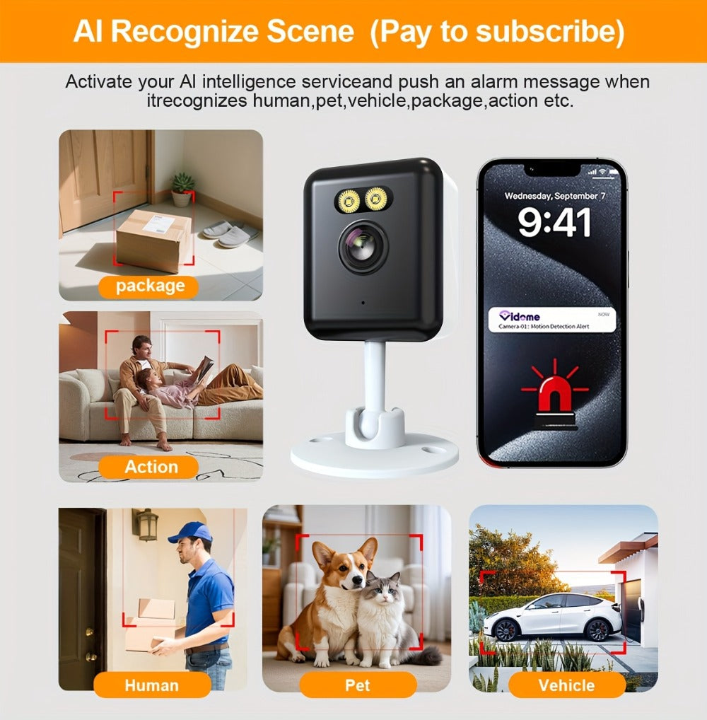AI-Powered 3MP Indoor Security Camera 2-Pack, Humanoid Detection, Alexa Compatible, Full-Color Night Vision, Two-Way Audio, Smart Motion Alerts, 2.4G WiFi – Home Baby Pet Video Monitoring