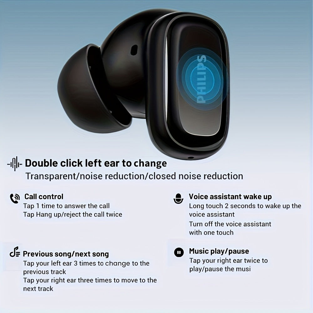 Philips TAT2569 Noise Cancelling Wireless Earbuds Touch Control USB-C Fast Charging 5H Playtime True Wireless Headphones Compatible iOS Android Black Blue White