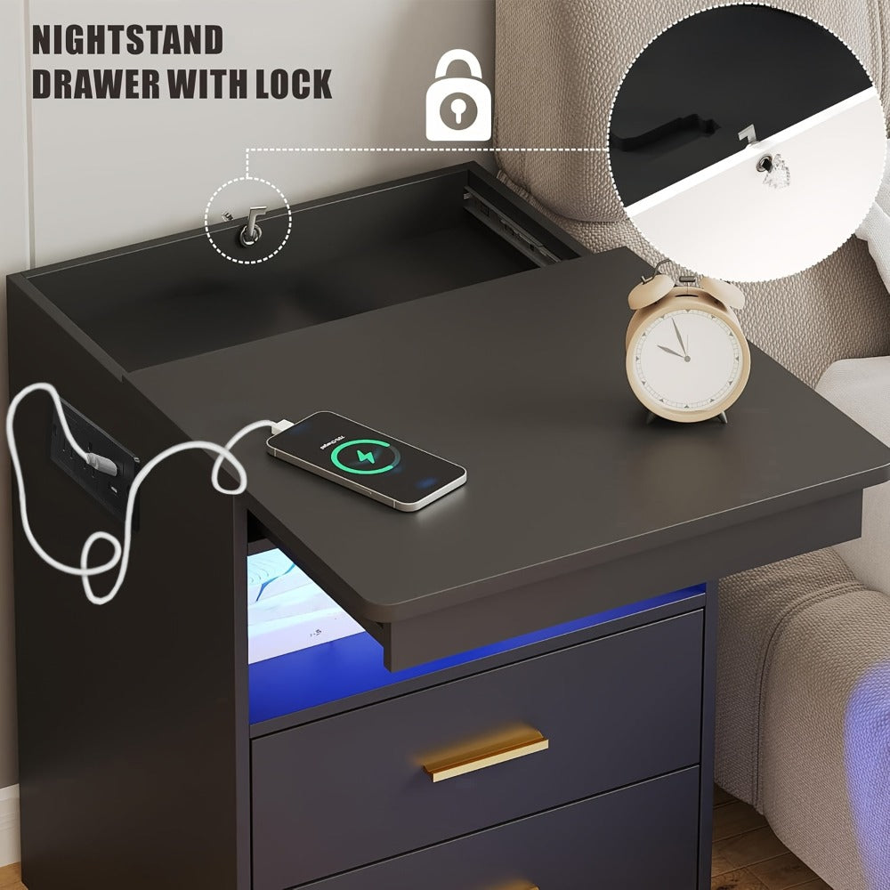 LED Nightstand with Charging Station & Hidden Drawer – 16-Color RGB Ambient Light, Open Storage Shelf, Modern Bedside Table for Bedroom Teen Guest Room Small Space, Black or White
