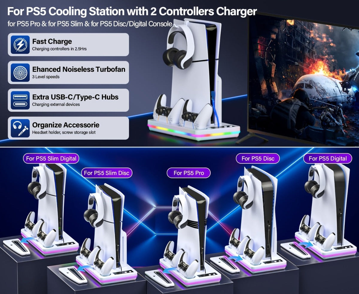 PS5 Cooling Stand with Dual Controller Charging Dock – Compatible with PS5/Slim/Pro Standard & Digital Edition, 3-Speed Fan, 10 RGB Lights & USB Hub, PlayStation 5 Gaming Accessories