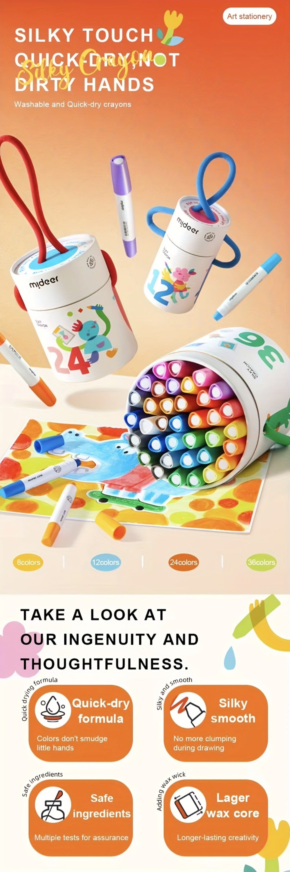 Silky Crayons 24 Colors Washable Quick-Dry Non-Toxic Jumbo Crayon Set for Kids Toddlers Artists Drawing Coloring Art Supplies Birthday Gift School Supplies