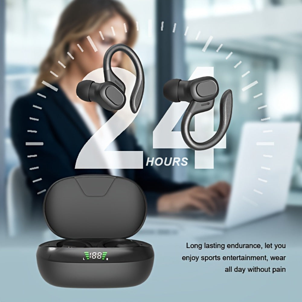 Sport Ear Hook Wireless Earbuds Bluetooth 5.4, Open-Ear Sports Earphones with Mic, 24H Playtime, LED Display Charging Case, Running Fitness Earbuds for Men Women, Black