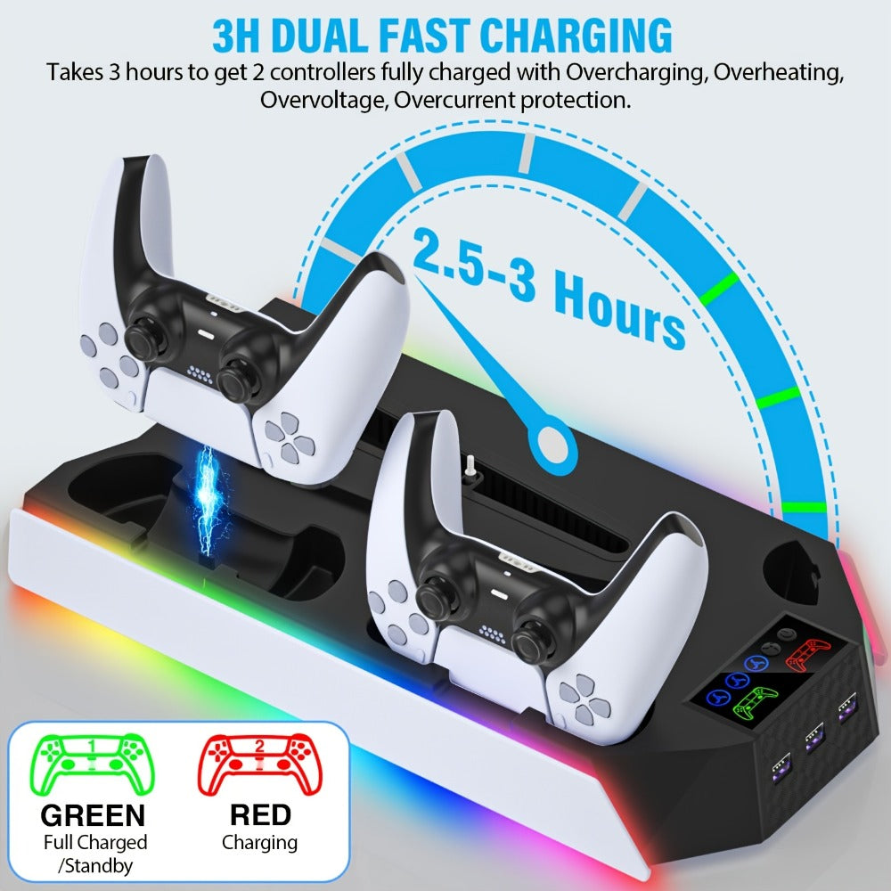 Headset Holder PS5 Cooling Stand with RGB Light, 3-Level Fan, Controller Charger & 3 USB Ports – Compatible with PS5 / PS5 Slim / PS5 Pro Disc & Digital Edition Console