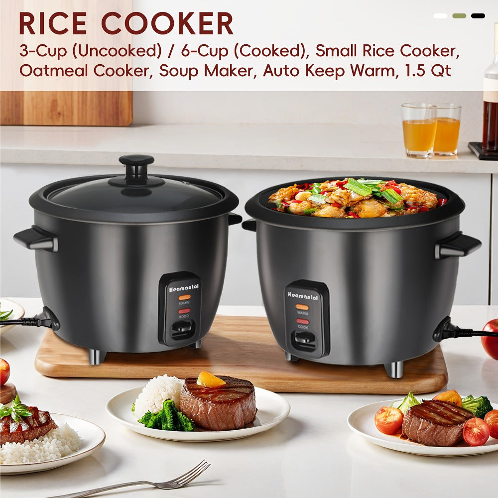 Rice Cooker & Yogurt Maker 3-Cup Nonstick – 1.5Qt Multicooker with Auto Keep Warm, One-Touch Operation, Stainless Steel Inner Liner & Steamer for Grain, Oatmeal & More