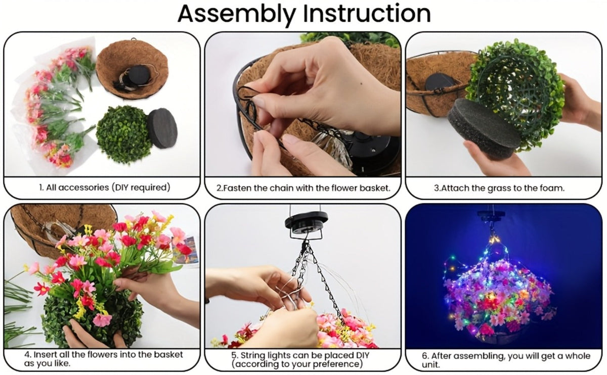 Solar Hanging Flower Basket with RGB String Lights – 10 Inch Artificial Flowers, Dusk-to-Dawn Auto On, Waterproof Outdoor Decor for Patio, Garden, Balcony & Front Porch | Pink Purple Orange
