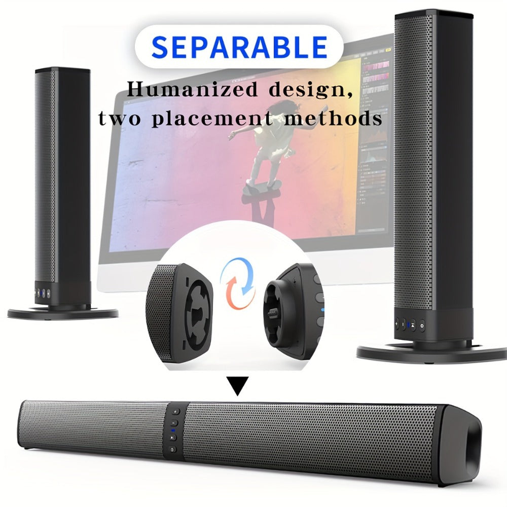 Detachable 20W TV Soundbar with Wireless Subwoofer, 3D Surround Sound Home Theater Speaker System, TF/AUX/FM/RCA/TWS, 4 Speakers, 2000mAh Battery, for TV PC Movie Game