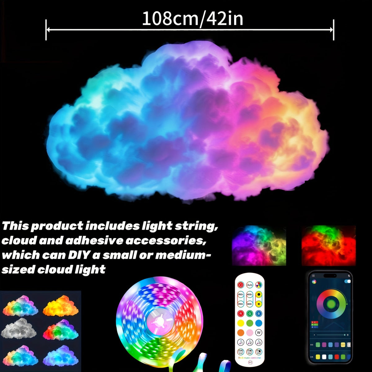 Cloud Night Light 3D RGB – DIY Thunder Cloud Lamp with Music Sync & Color Changing LED, USB Powered, Wall & Ceiling Mount, Ambient Light for Bedroom, Gaming Room & Party Decor