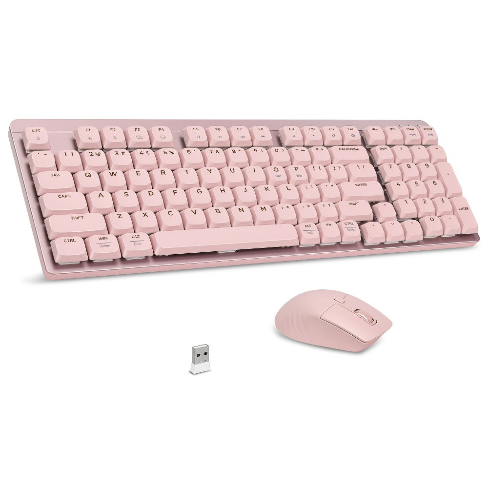 LeadsaiL FA98 Low Profile Wireless Mechanical Keyboard and Mouse Combo – 2.4GHz 98-Key 96% Slim Red Switch Silent Mouse, Ergonomic Design for Windows & Mac | Aesthetic Colors Purple, Silver & Pink