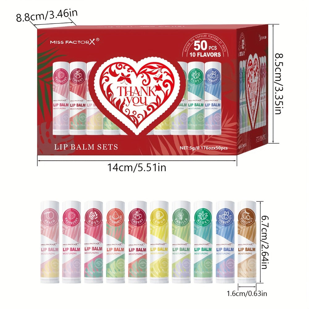 Fruit Flavored Lip Gloss Set 50 Pieces – Moisturizing Lip Balm Kit in 10 Colors, Hydrating Lip Care for Dry & Cracked Lips, Day & Night Use, Holiday Gift Set for Women & Girls