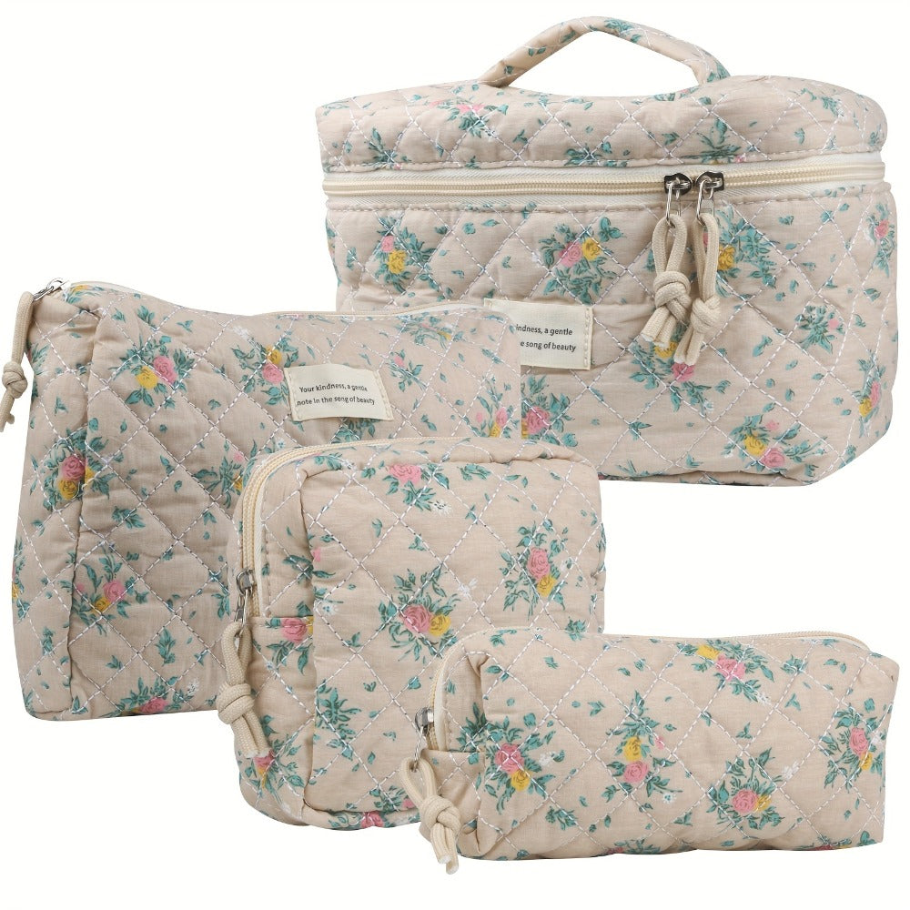 Quilted Makeup Bag Set 4-Piece Floral Rose Coquette Aesthetic Premium Cotton Cosmetic Organizer Travel Toiletry Pouch 4 Sizes for Women Girls Vanity Bathroom Gift