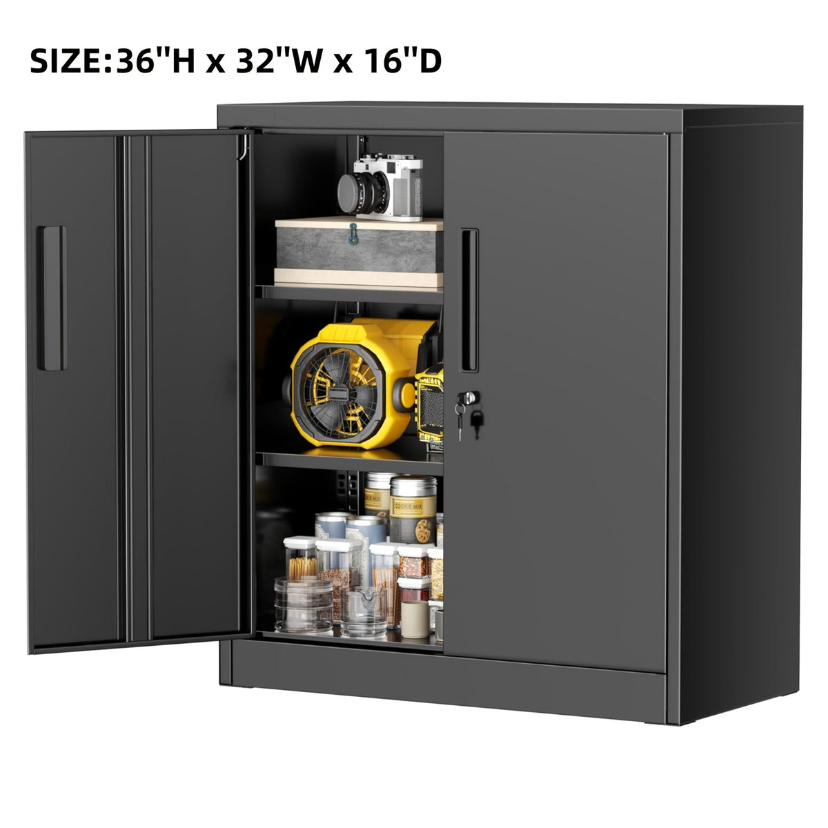 Storage Cabinet shown in the Pure Black, 36''H - 2 Adjustable Shelves option