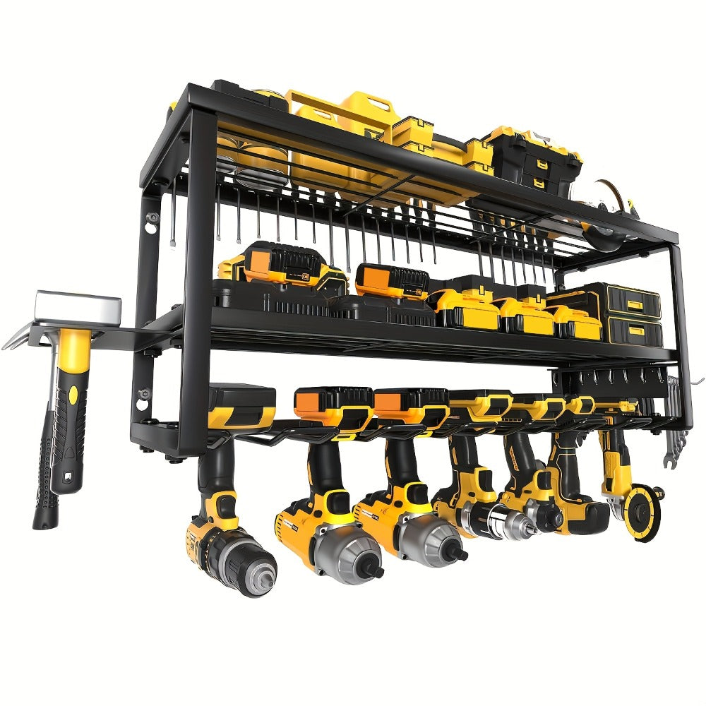Wall Mounted Power Tool Organizer Rack – Heavy Duty Metal Drill Holder with 2/3/4 Layer Floating Shelf | Garage Tool Storage for Cordless Drills, Screwdrivers & Power Tools | No Electricity Needed