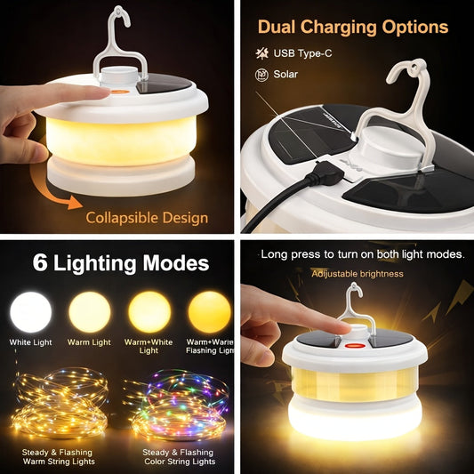 Solar Camping Lantern with 10 m Retractable String Lights, USB-C and Hand Crank