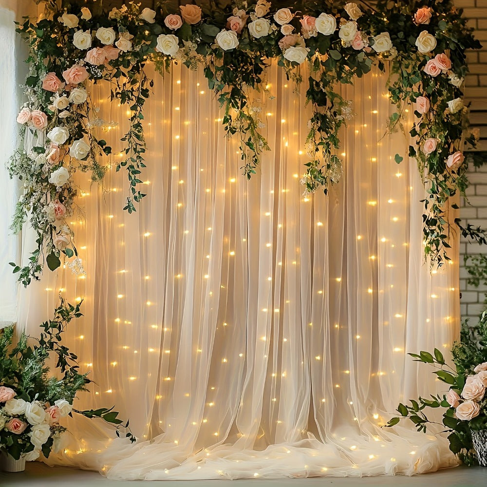 Champagne Tulle Backdrop with String Lights 5.2x10Ft 2pcs Sheer Curtain Photo Booth Props Wedding Party Background Decoration Non-Porous