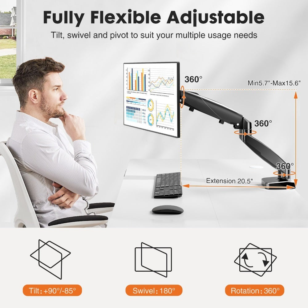 Gas Spring Monitor Arm Single Dual, Ergonomic Desk Mount for 13-32 Inch Screens up to 17.6 lbs, Adjustable Height, 360° Swivel, Full Motion VESA Monitor Stand for Home Office