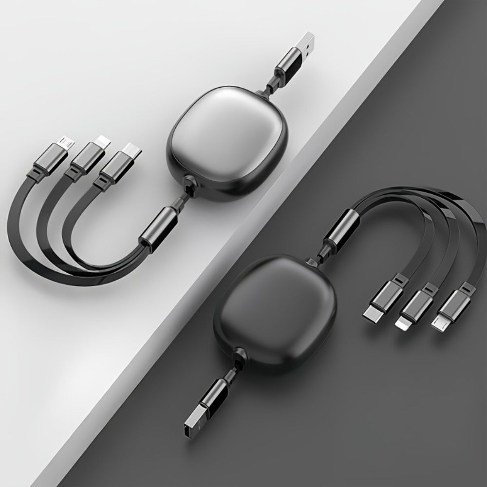 Retractable 3-in-1 Charging Cable 100W Fast Charge – USB-C Micro USB Lightning Multi Connector 1.2m 480Mbps Data Sync for iPhone 15 14 13 12 11 Samsung Galaxy Android – Tangle-Free Travel Cable 6 Colors