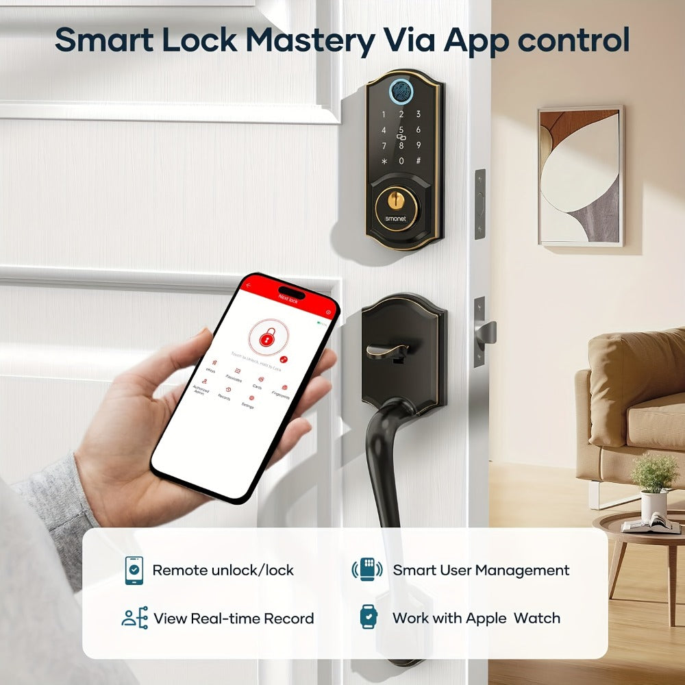 SMONET Smart Deadbolt Lock Set with Handle - Fingerprint, Bluetooth App & Keypad, Auto-Lock, Keyless Entry for Home, Office, Airbnb & Hotel, Oil Rubbed Bronze, Black & Silver