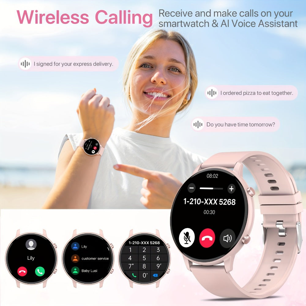 Voice Assistant Smartwatch for Women 1.39" Full Touch – Siri & Google, Wireless Calling, 100+ Sport Modes, Fitness Tracker, Weather, Flashlight, Find Phone, Remote Camera – Pink iPhone & Android