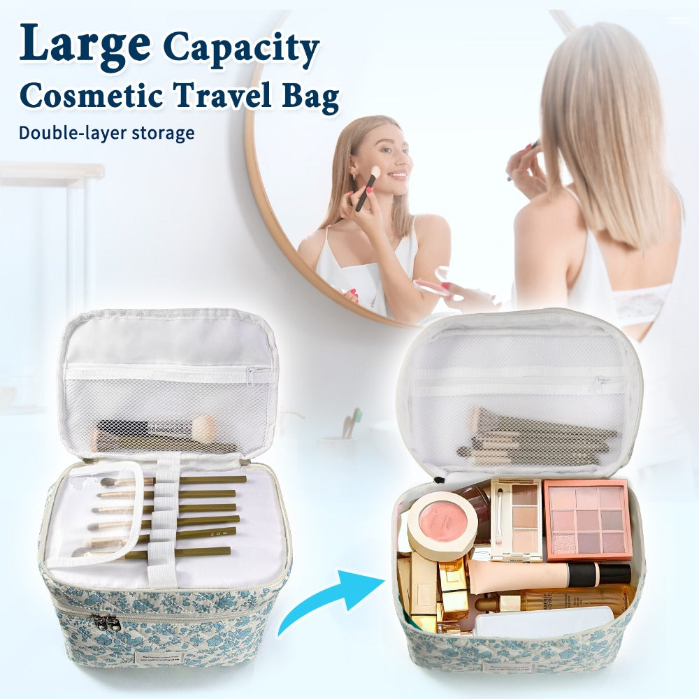 Quilted Floral Makeup Bag Set 3PCS Large Capacity Dual Layer Cotton Cosmetic Bags Coquette Aesthetic Travel Toiletry Organizer Gift for Women Girls Blue Rose Pink