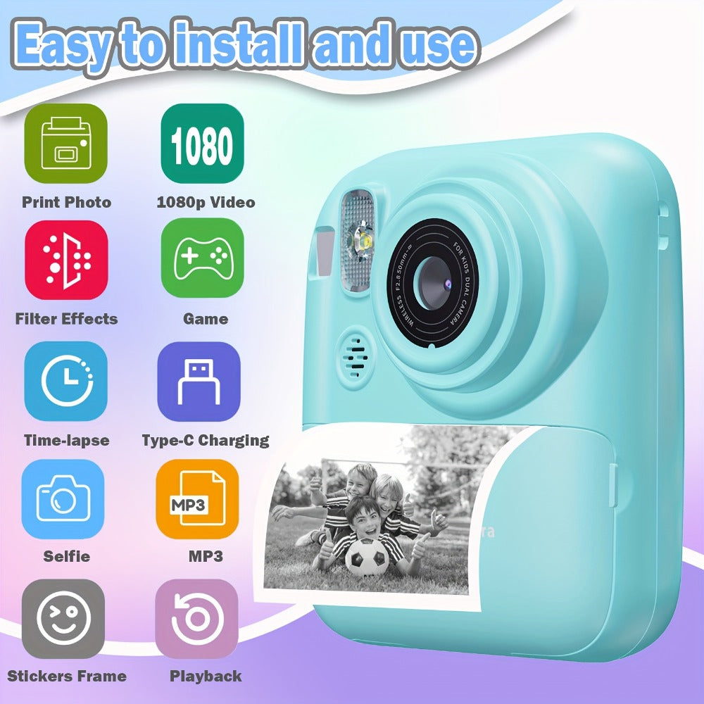 Instant Print Digital Camera for Kids Ages 3-12 – 1080P, 2.4" Screen, 3 Rolls Print Paper & 32GB Card Included, Cute Kids Camera, Perfect Birthday & Holiday Gift for Girls and Boys