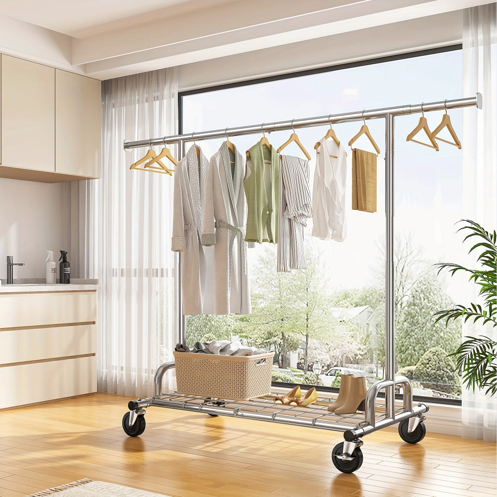 Heavy Duty Rolling Clothes Rack with Wheels - Adjustable Garment Rack 260LBS Capacity, Extendable 51"-75" Wide, for Bedroom Closet Laundry Room