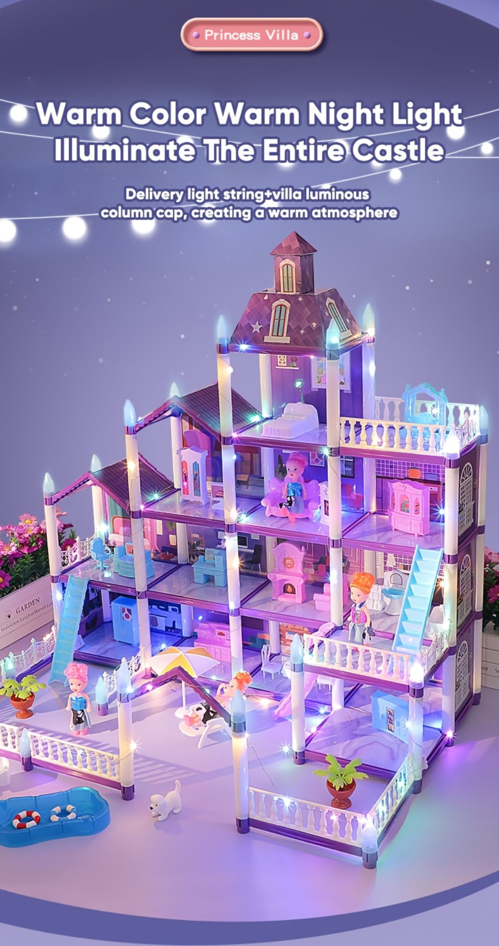 Purple LED Dollhouse Playset with 6 to 16 Room Options and Furniture
