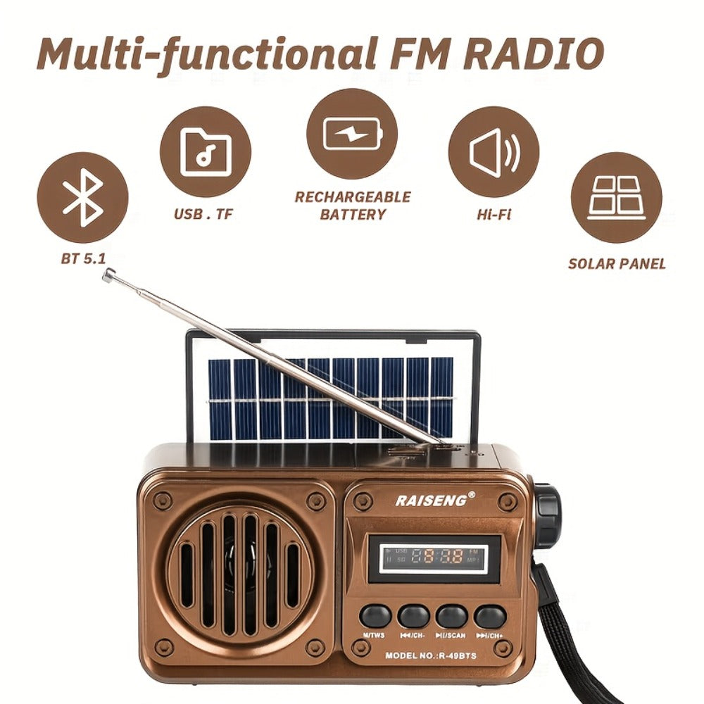 FM Portable Radio R-49BTS Retro Solar Panel Bluetooth Speaker, USB TF Card Playback, Loud Digital Radio for Indoor Outdoor Travel Emergency Camping, Independence Day Gift