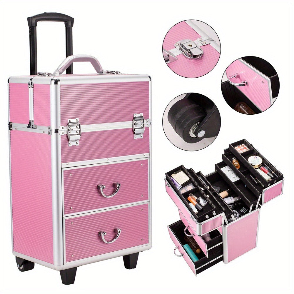 Makeup Train Case 4 Tier Lockable with Extendable Trays Large Capacity Cosmetic Organizer Box for Makeup Artists Salon Professional Beauty Storage Portable Travel Case Pink