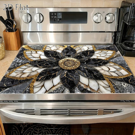 Stove Cover Mat with Marble Lotus Pattern, Reusable Decorative Kitchen Mat