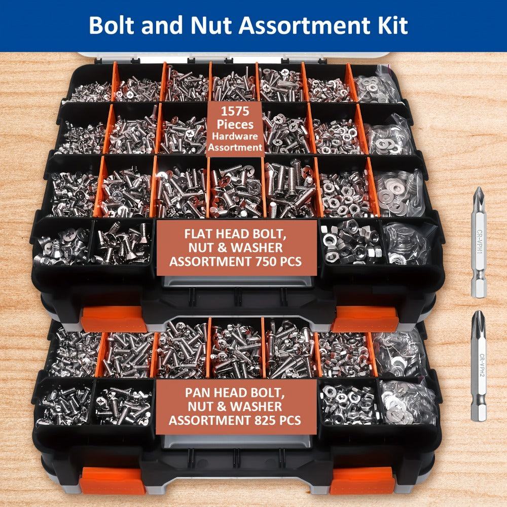 1575pcs 304 Stainless Steel Nuts and Bolts Assortment Kit – Pan Head Flat Head Screws Nuts Washers with Double-Sided Storage Box for Home & Mechanical Repairs