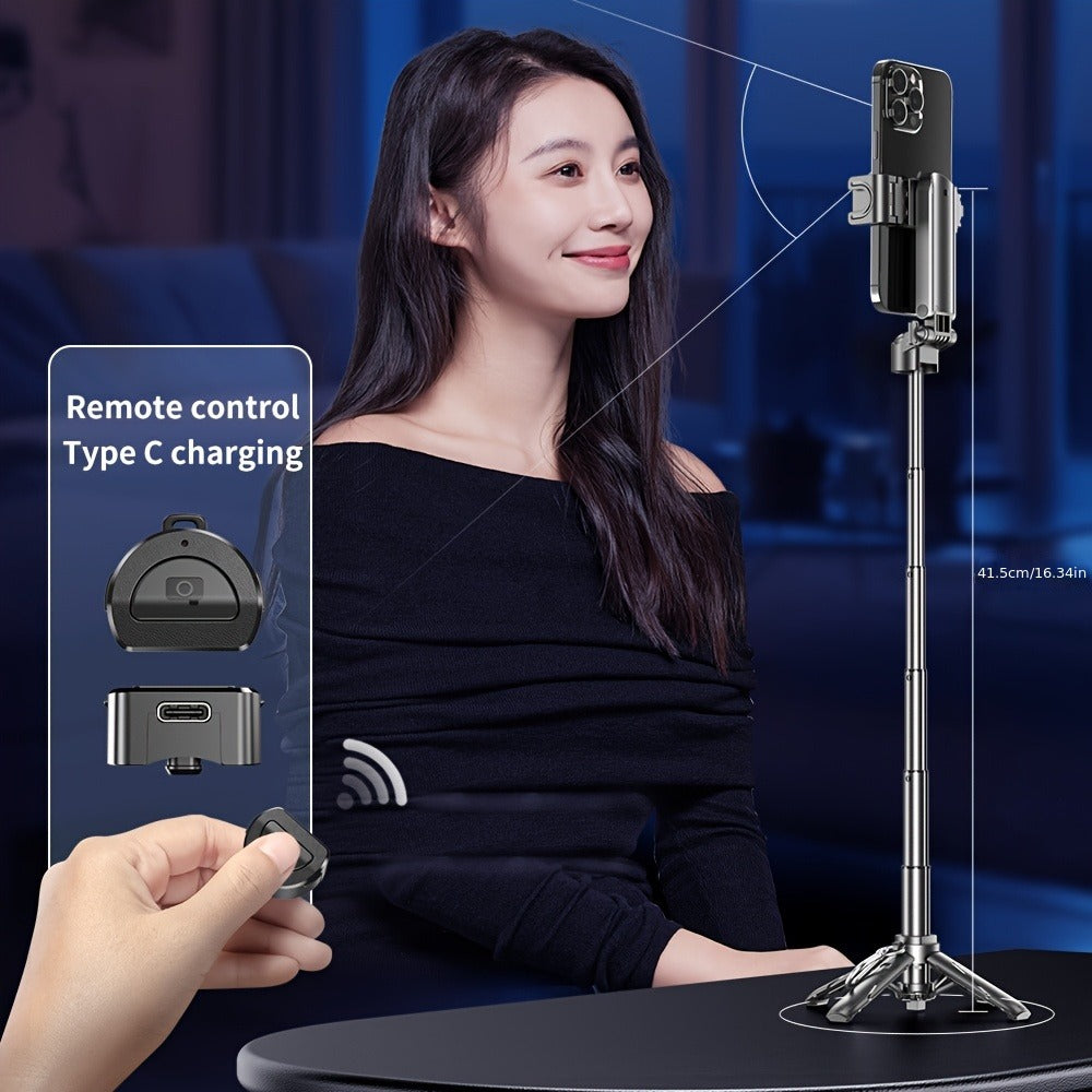 DSLR-Style Grip Selfie Stick Tripod 3-in-1 with 16 Inch Extendable Arm One-Click Unfold Stand & Wireless Bluetooth Remote – Portable Phone Stand for Concerts Hiking Desktop Live Streaming iPhone Android