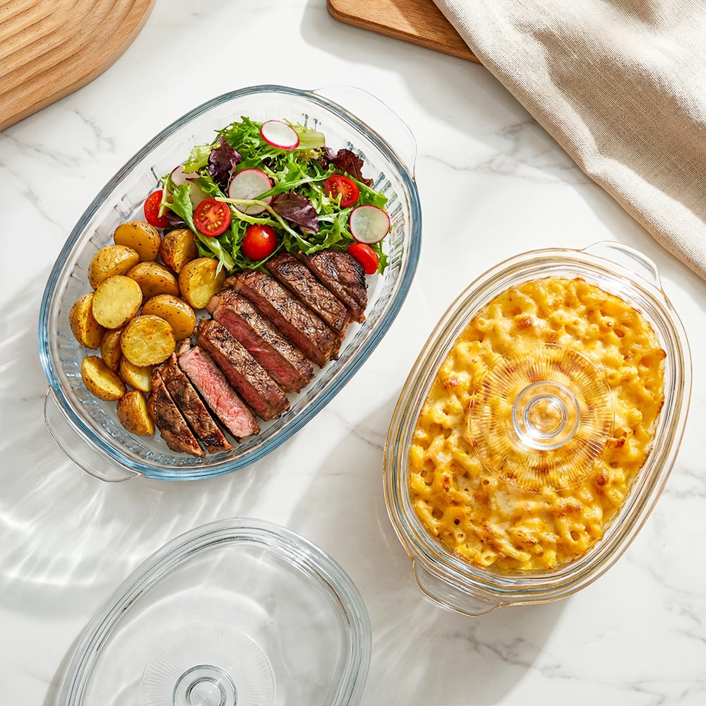 Borosilicate Glass Baking Dish with Lid 96oz – Oval Casserole Pan Microwave Oven Fridge Safe | Multi-Use for Baking, Meal Prep, Grilled Fish, Salad & Food Serving | Kitchen Bakeware with Cover