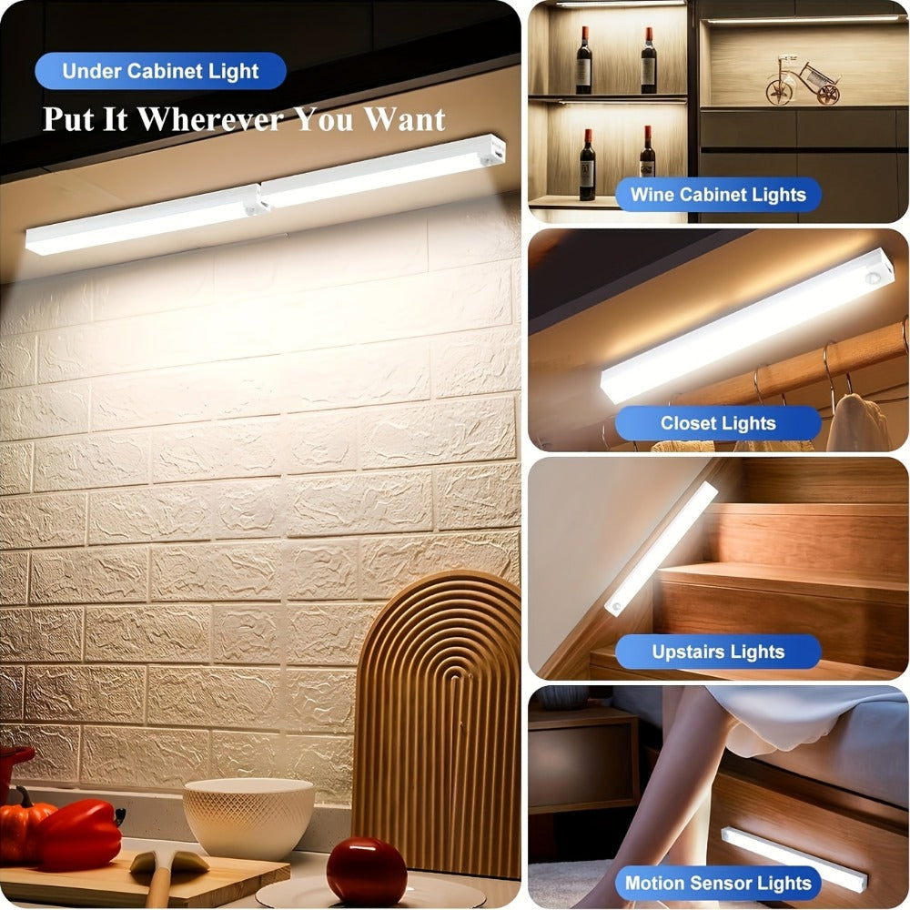 Rechargeable Motion Sensor LED Night Light 6 Pack - 400mAh USB, 3 Brightness Levels, Wireless Stick-On Bar for Cabinet, Stair, Bedroom, Kitchen & Hallway (3.94" / 7.87" / 11.8", 3 or 6 Pack)