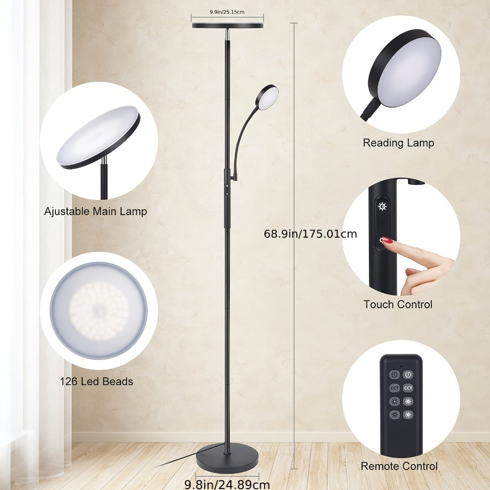 LED Floor Lamp with Reading Light – 27W 2300LM Dimmable Torchiere Standing Lamp, 4 Color Temperatures, Remote & Touch Control, Metal Base for Living Room Bedroom Home Office (Black/White)
