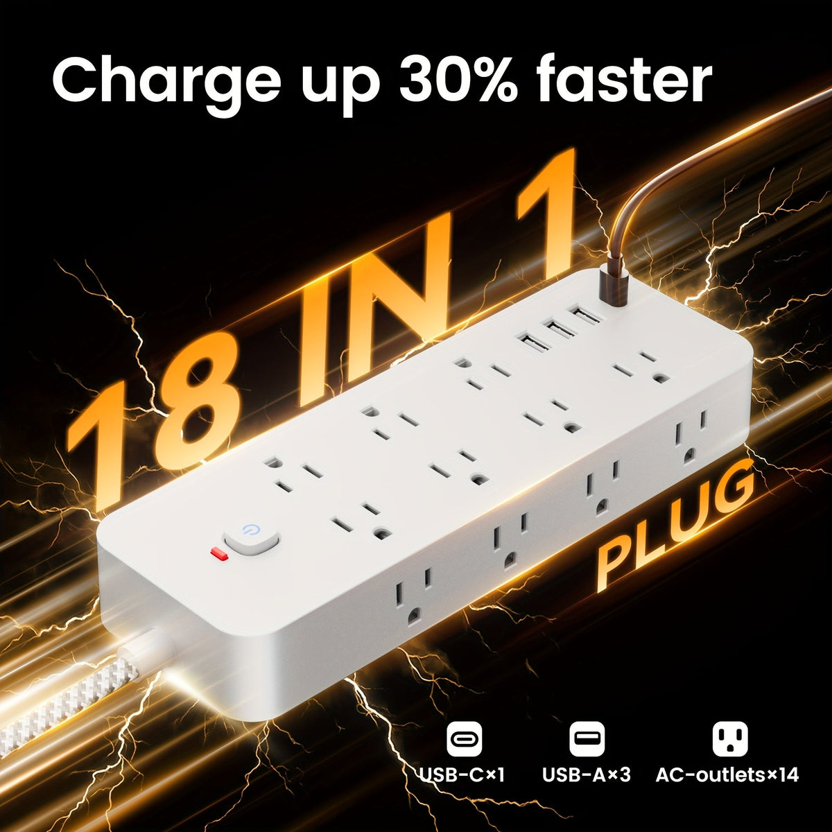 14-Outlet Power Strip Surge Protector 18-in-1 with 14 AC Outlets 3 USB-A 1 USB-C Port Independent Switch Overload Protection Multi-Plug Charging Station for Living Room Bedroom Bedside Office Balcony – Black & White
