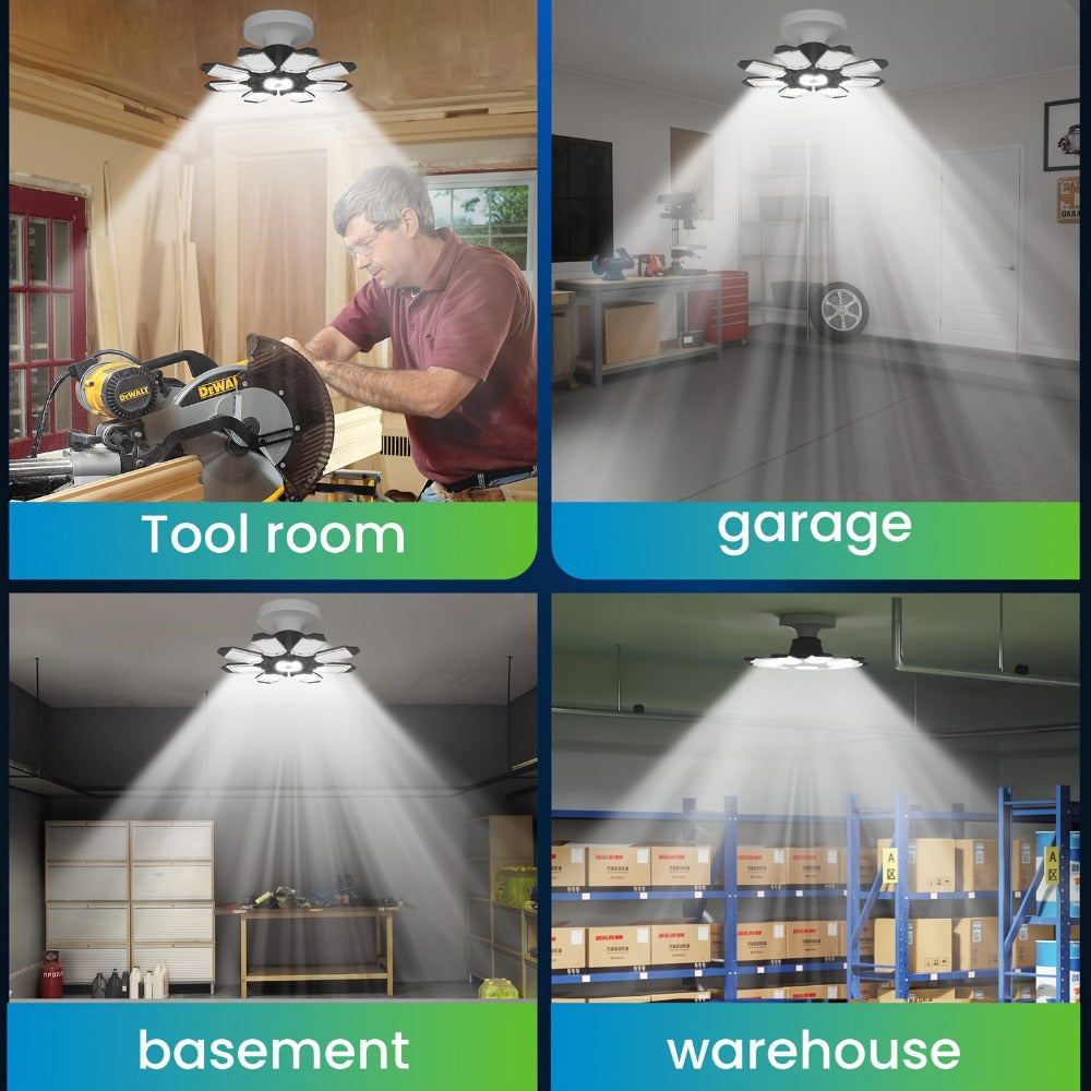 LED Garage Lights 25000LM Deformable – 250W Equivalent E26/E27 Screw-In Ceiling Shop Light with 6+1 / 8+1 Adjustable Panels for Garage, Basement, Attic & Warehouse (1, 2 or 4-Pack)