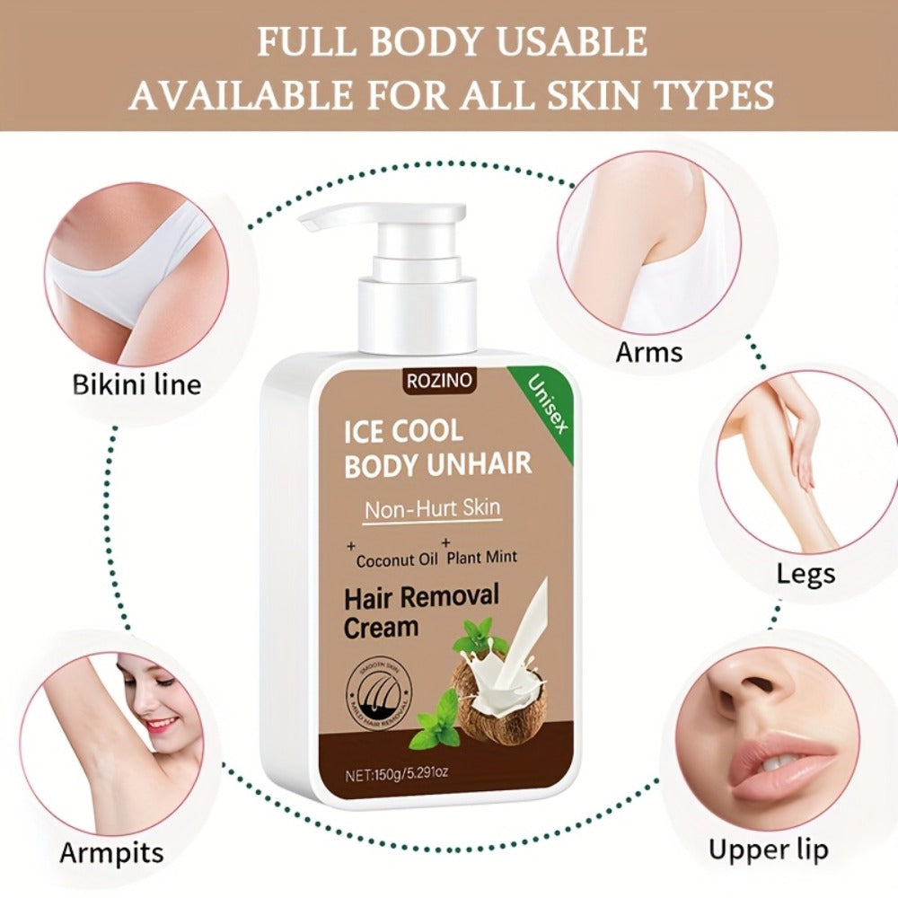 Hair Removal Cream Coconut 150g Painless Semi-Permanent Depilatory – Gentle Non-Irritating Formula for Face Lip Underarm Legs Arms & Bikini Area, Up to 6 Month Smooth Skin Results for Women Sensitive Skin