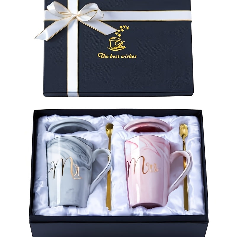 Mr and Mrs Mugs Wedding Gift Set 14oz Ceramic Marble – Bride and Groom Couples Mugs | Bridal Shower Engagement Anniversary Gift | Reusable Grey Pink Couple Coffee Mugs
