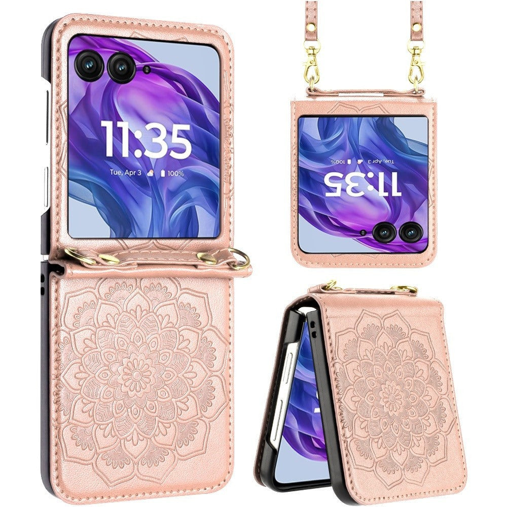 Floral Crossbody Motorola Razr 2024 / Razr+ Plus 2024 Case Flower Embossed PU Leather Lanyard Strap – Boho Henna Mandala Hybrid Protective Cover for Women Gift