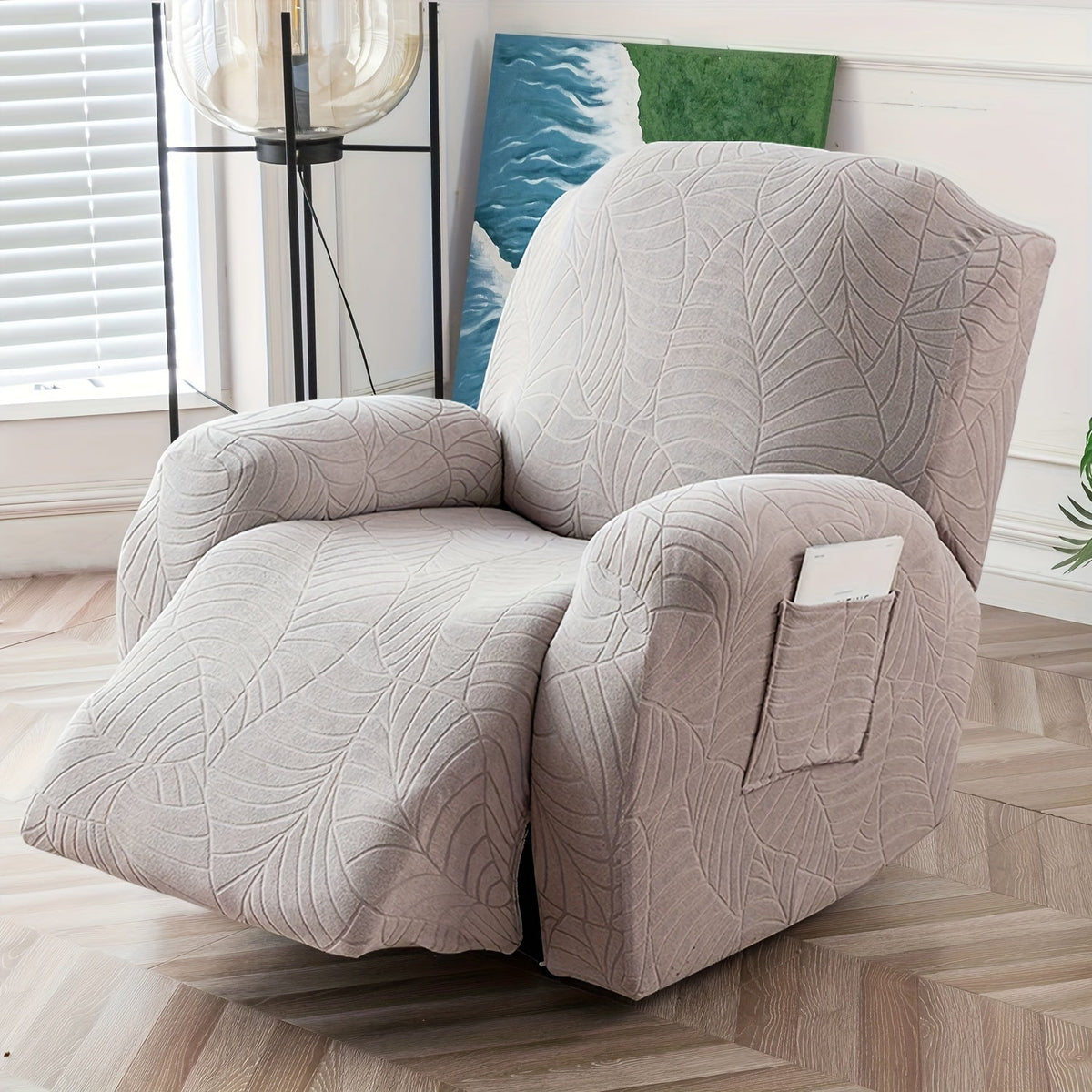 Jacquard Stretch Sofa Recliner Cover Big Leaves - High Stretch Soft Washable Slipcover for 1 2 3 Seat Loveseat with Console Furniture Protector Home Decor, 6 Colors