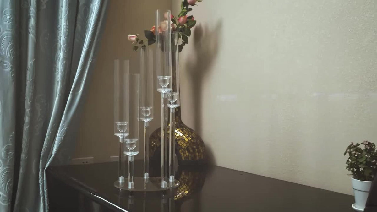 Acrylic Candelabra Candle Holder – Clear Crystal 5-Arm & 6-Arm Taper Candlestick Holders for Wedding Centerpiece, Dining Table, Party & Anniversary Decor